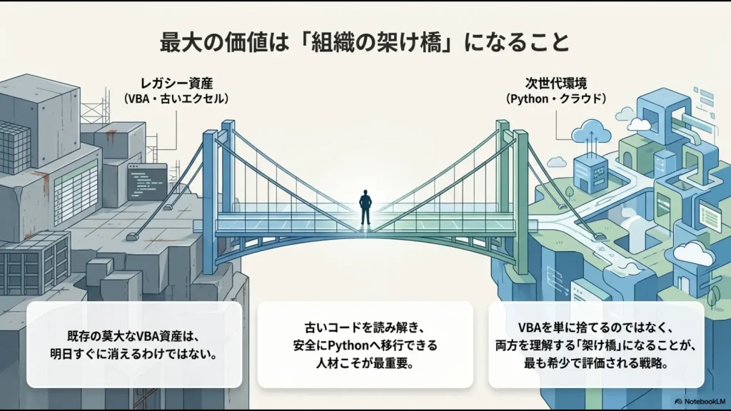 レガシー資産から次世代環境へ繋ぎ、古いコードを安全にPythonへ移行できる人材の価値を示した図