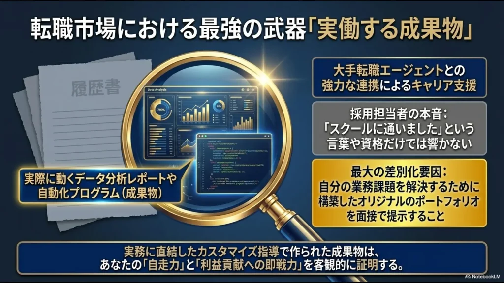 転職市場における最強の武器「実働する成果物」を解説するスライド。採用担当者の本音として言葉や資格だけでは響かないとし、最大の差別化要因として自分の業務課題を解決するために構築したオリジナルのポートフォリオ(実際に動くデータ分析レポートや自動化プログラム)を面接で提示することを推奨。大手転職エージェントとの連携も記載。
