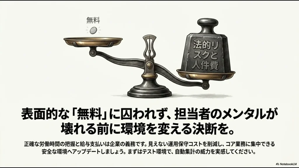 天秤の左皿に載る「無料」のコインと、右皿に載る圧倒的に重い「法的リスクと人件費」のウェイト。担当者のメンタルが壊れる前の決断を促す図。