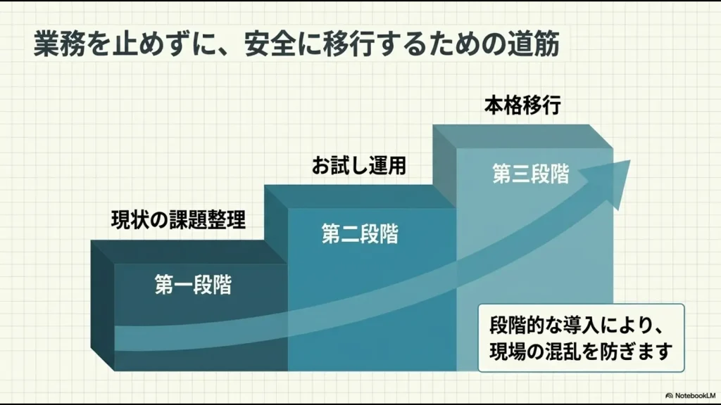 業務を止めずに安全にシステムへ移行する道筋として、第一段階「現状の課題整理」、第二段階「お試し運用」、第三段階「本格移行」へと積み上がっていくステップアップの階段図