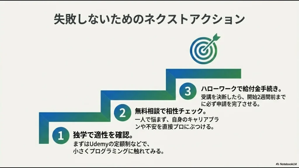 スクール選びで失敗しないための3ステップ(独学での適性確認、無料相談、ハローワークでの給付金手続き)を示したスライド。