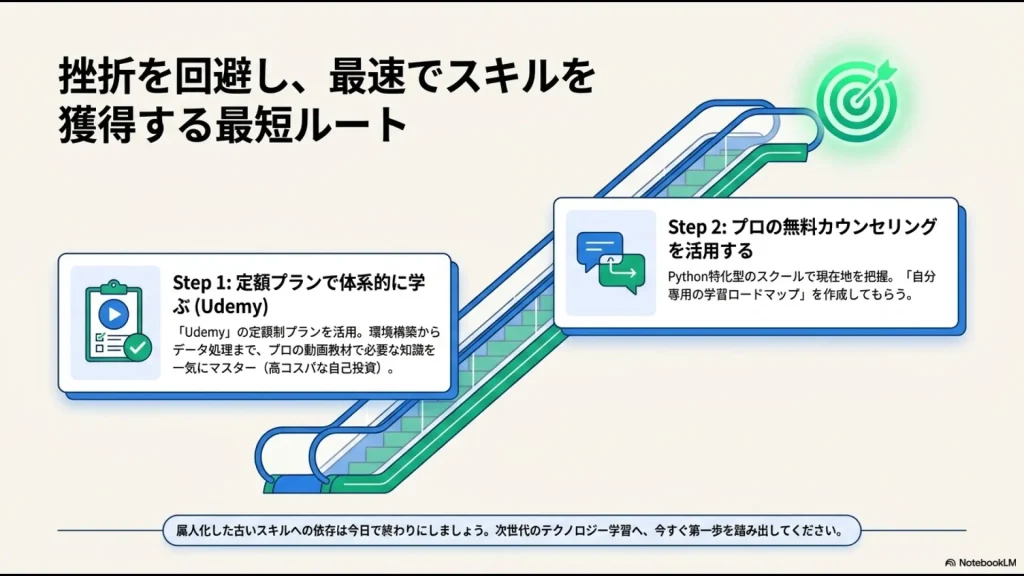 Step1としてUdemyの定額制プランで体系的に学び、Step2としてPython特化型スクールの無料カウンセリングで自分専用の学習ロードマップを作成してもらう最短ルートの解説図
