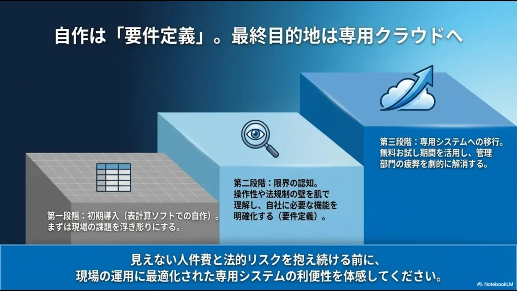 第一段階の「自作での課題浮き彫り」、第二段階の「限界の認知（要件定義）」、第三段階の「専用システムへの移行」という、持続可能な勤怠管理システム実現へのステップを表したスライド