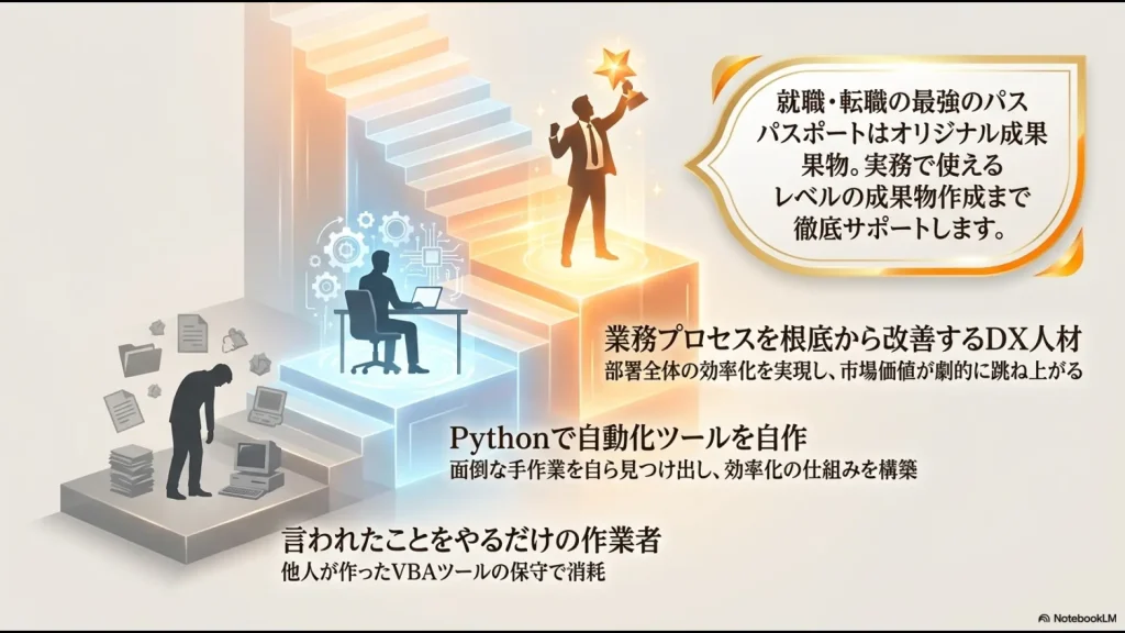 他人が作ったVBAツール保守で消耗する「作業者」から、Pythonで自動化ツールを自作して部署全体の効率化を実現し、市場価値を跳ね上げる「DX人材」へのステップアップ