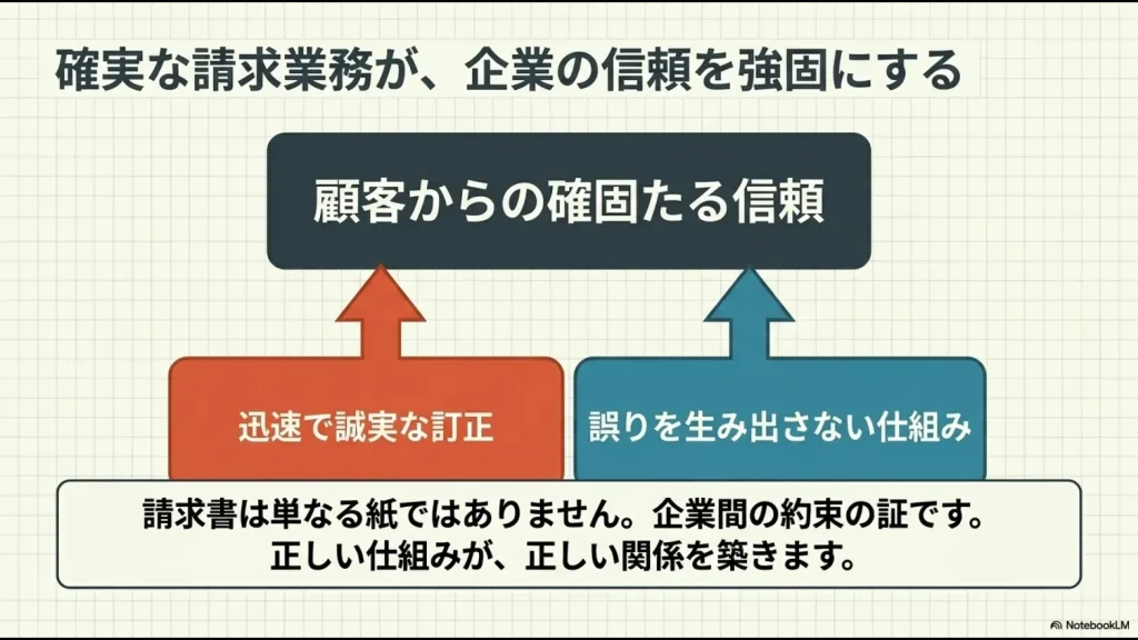 「迅速で誠実な訂正」と「誤りを生み出さない仕組み」の2つの土台が、最上部にある「顧客からの確固たる信頼」を支える構造を示した、請求業務の本質をまとめた図