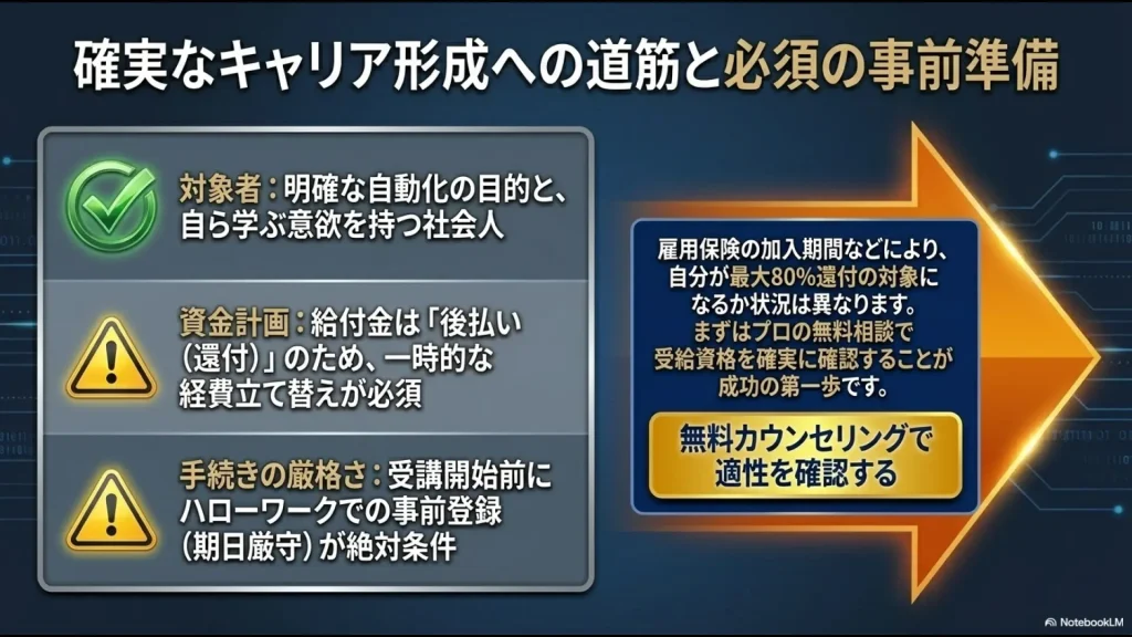確実なキャリア形成への道筋と必須の事前準備をまとめたスライド。対象者(明確な自動化目的と学ぶ意欲を持つ社会人)、資金計画(給付金は後払いのため一時的立て替えが必須)、手続きの厳格さ(受講開始前にハローワークでの事前登録が絶対条件)を提示。無料カウンセリングで適性を確認するよう促すメッセージ。