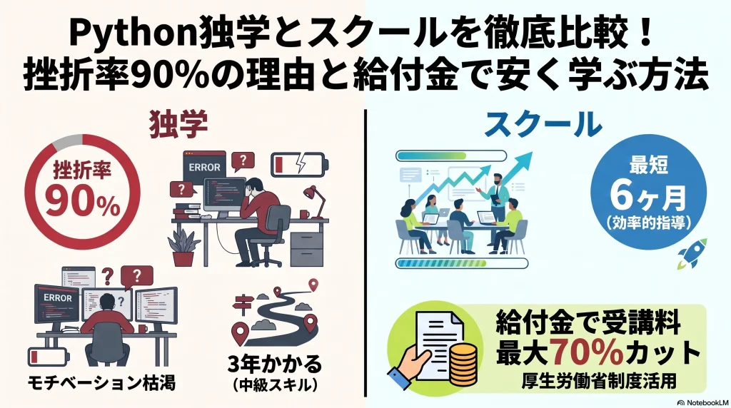 Python独学とスクールを徹底比較！挫折率90の理由と給付金で安く学ぶ方法