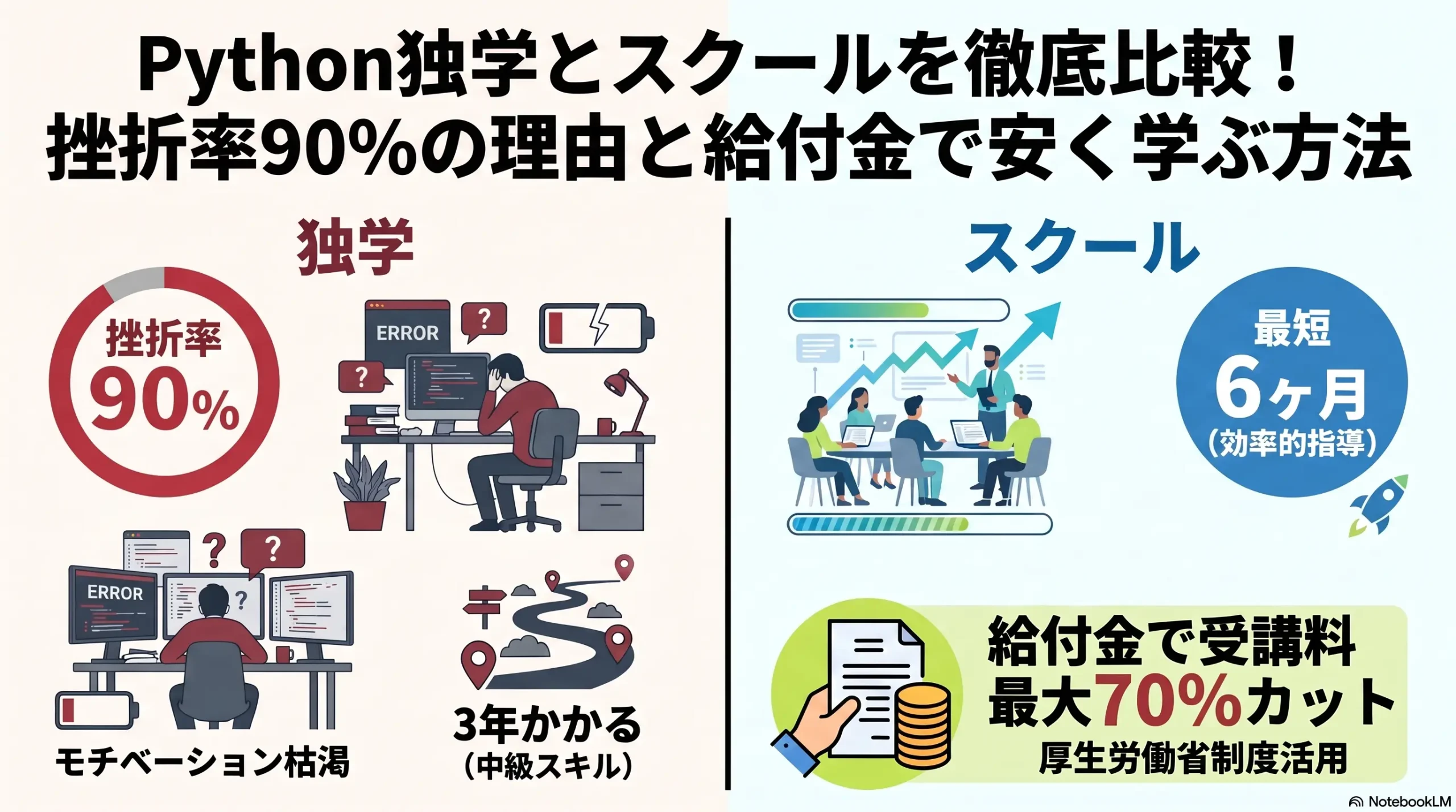 Python独学とスクールを徹底比較！挫折率90の理由と給付金で安く学ぶ方法