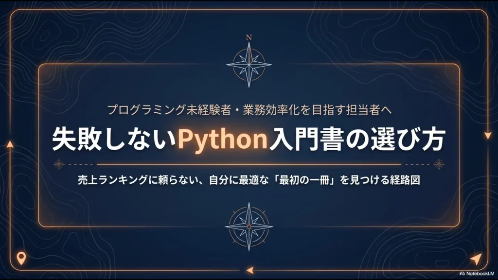 プログラミング未経験者や業務効率化を目指す人に向けた、失敗しないPython入門書の選び方を示す表紙スライド