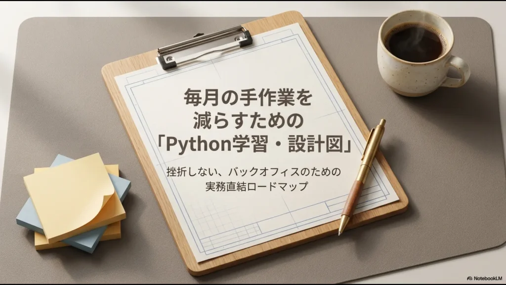 Python初心者が毎月の手作業を減らすための実務直結ロードマップを示した表紙スライド