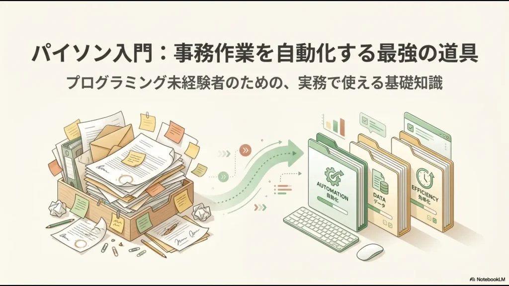 Pythonを使って紙や手作業中心の事務作業を自動化し、効率化するイメージ図