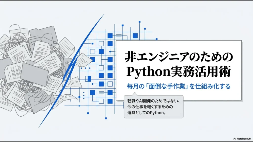 非エンジニア向けに、Pythonを毎月の面倒な手作業を仕組み化する道具として紹介するスライド