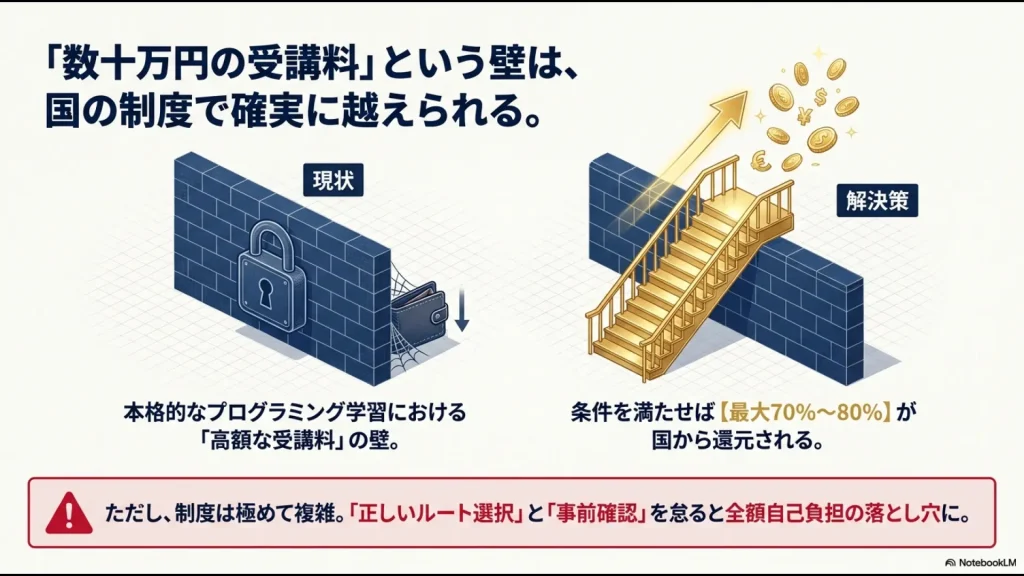 本格的なプログラミング学習における高額な受講料の壁と、条件達成で最大70%から80%が国から還元される仕組みの現状と解決策の図解