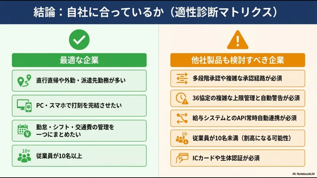 Relix勤怠が向く会社と他社製品も比較すべき会社を示した適性診断