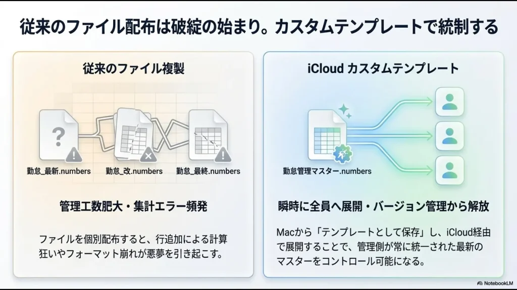 ファイル個別配布による運用崩壊と、iCloudカスタムテンプレートによるバージョン管理解放の仕組み
