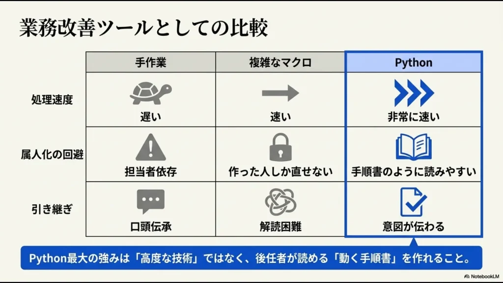 手作業、複雑なマクロ、Pythonを処理速度・属人化回避・引き継ぎの観点で比較したスライド