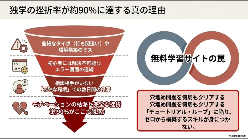 些細なタイポや環境構築ミス、エラーの連続、相談相手がいない孤独な環境による挫折と、無料学習サイトの「チュートリアル・ループ」の罠の解説