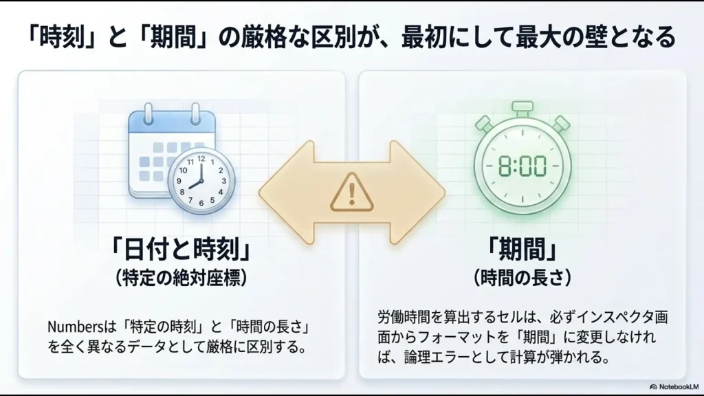 特定の絶対座標を指す日付と時刻と、時間の長さを表す期間のデータ構造の違い