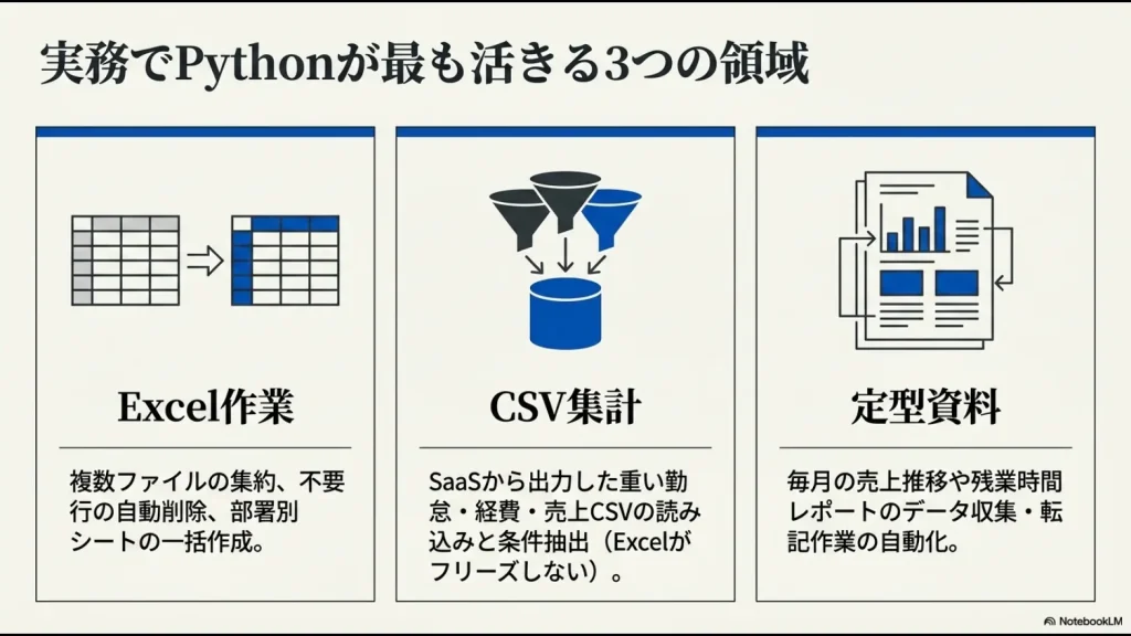 Pythonが実務で活きる領域として、Excel作業、CSV集計、定型資料作成を示したスライド