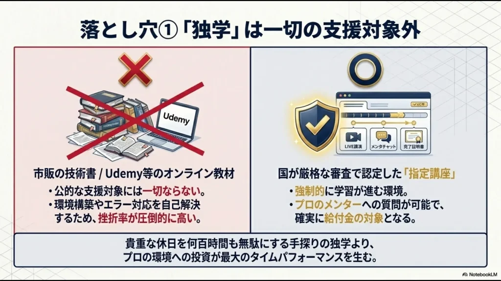 補助金対象外で挫折率の高い独学スタイルと、プロのメンターサポートがあり給付金対象となる国認定の指定講座を対比した図解
