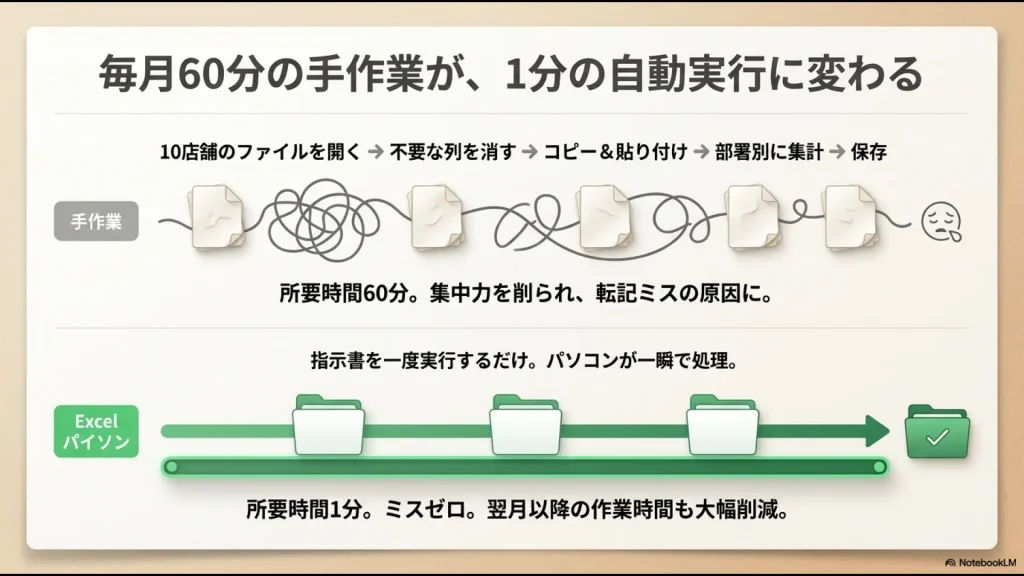 複数店舗のファイル集計作業を、Pythonで短時間に自動処理する流れを示す図