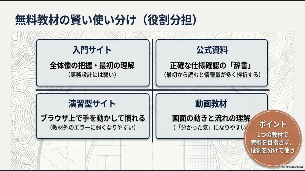 入門サイト、公式資料、演習型サイト、動画教材の役割分担を整理した図