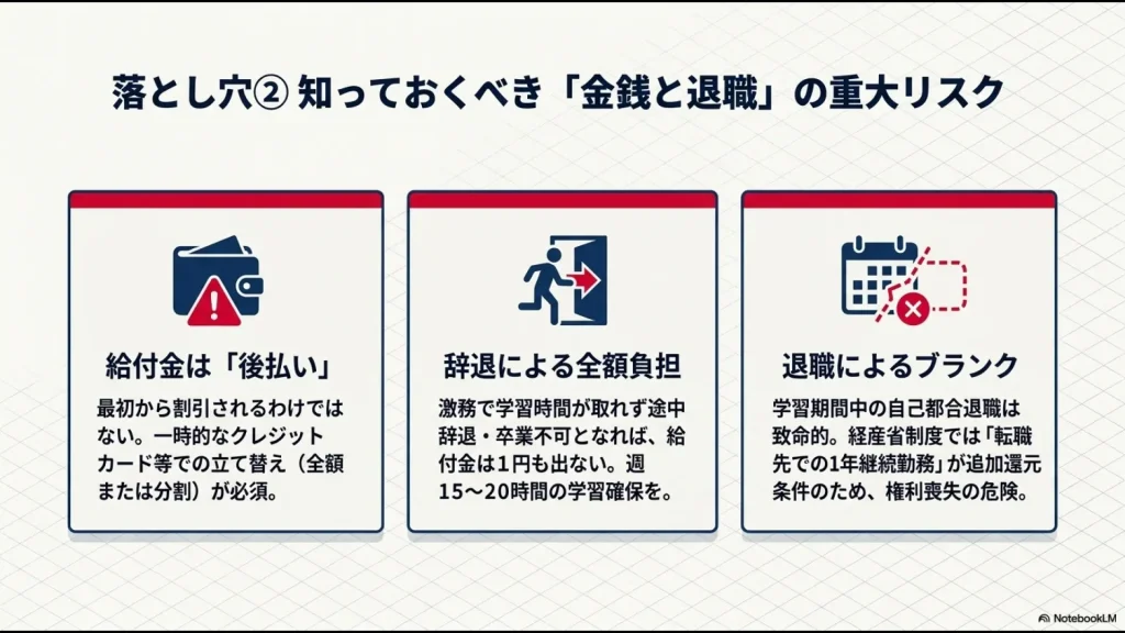 給付金は後払いのため一時的な自己負担が必要であることや、途中辞退による全額負担、自己都合退職による権利喪失リスクの解説