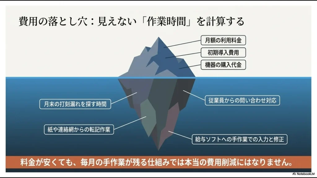 月額料金以外に打刻漏れ確認や転記作業などの見えないコストがあることを示す図