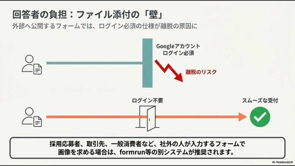 Googleフォームのファイル添付ではGoogleアカウントへのログインが必要で外部回答者の離脱につながる可能性を示した図