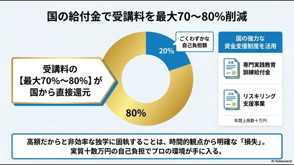 国の強力な資金支援制度(専門実践教育訓練給付金、リスキリング支援事業)により、プログラミングスクールの受講料が最大70%〜80%削減され、自己負担20%で受講できる仕組みの解説