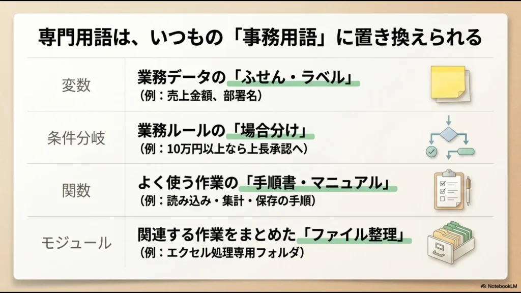 変数、条件分岐、関数、モジュールを事務作業の言葉に置き換えて説明した図