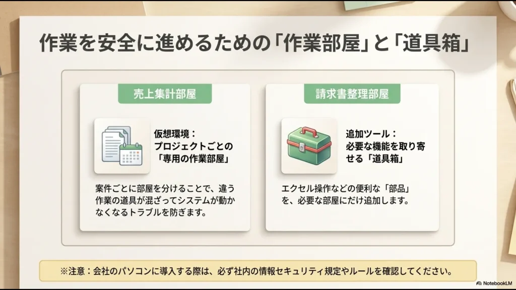 仮想環境と追加ツールを、売上集計部屋や請求書整理部屋として分けて管理するイメージ図