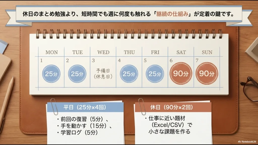 平日25分、休日90分でPython学習を継続する社会人向けスケジュール例を示したスライド