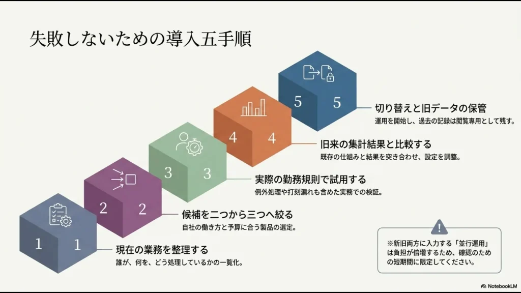 現状整理から候補選定、試用、比較、切り替えまでの勤怠管理システム導入手順