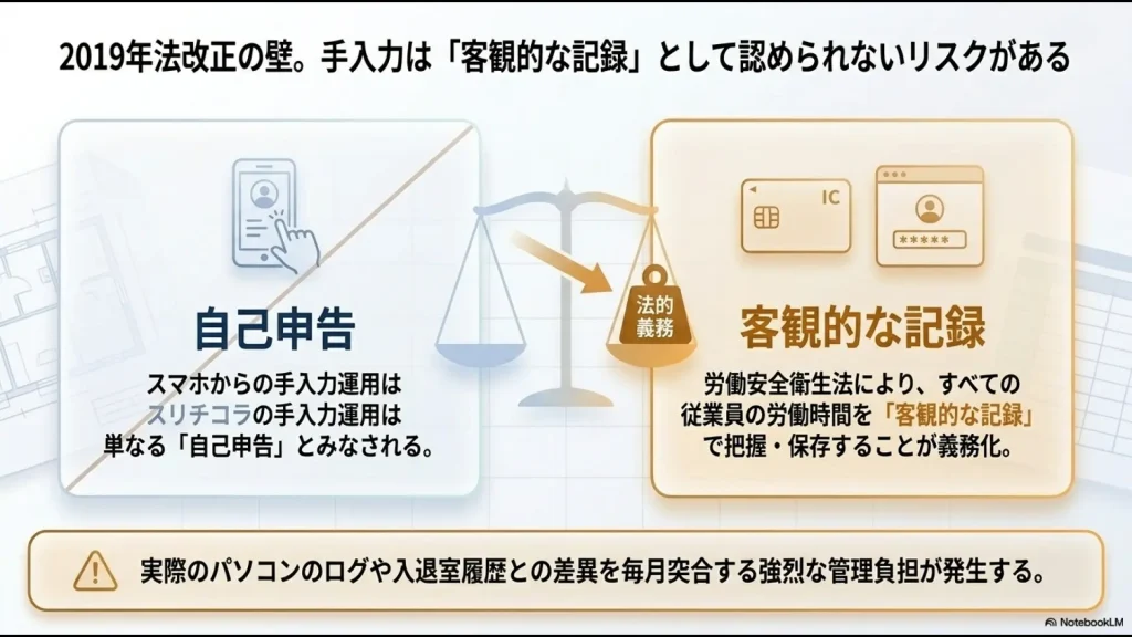 スマホ手入力が自己申告とみなされるリスクと、実際のPCログや入退室履歴との差異を毎月突合する管理負担