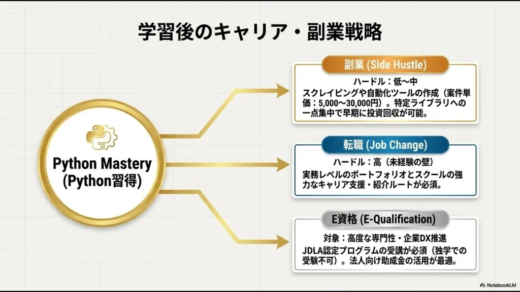 Python習得後の3つの戦略。ハードルの低い副業(スクレイピング等の自動化ツール)、ハードルの高い未経験転職、高度な専門性を証明するE資格(独学受験不可)の比較