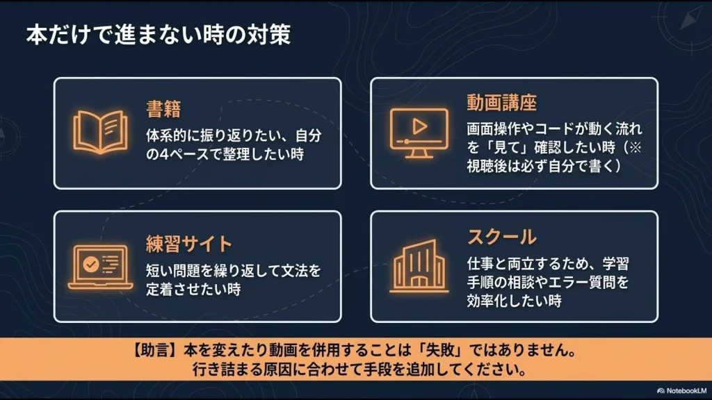 Python学習で本だけでは進まない場合に、動画講座、練習サイト、スクールを目的に応じて併用する方法