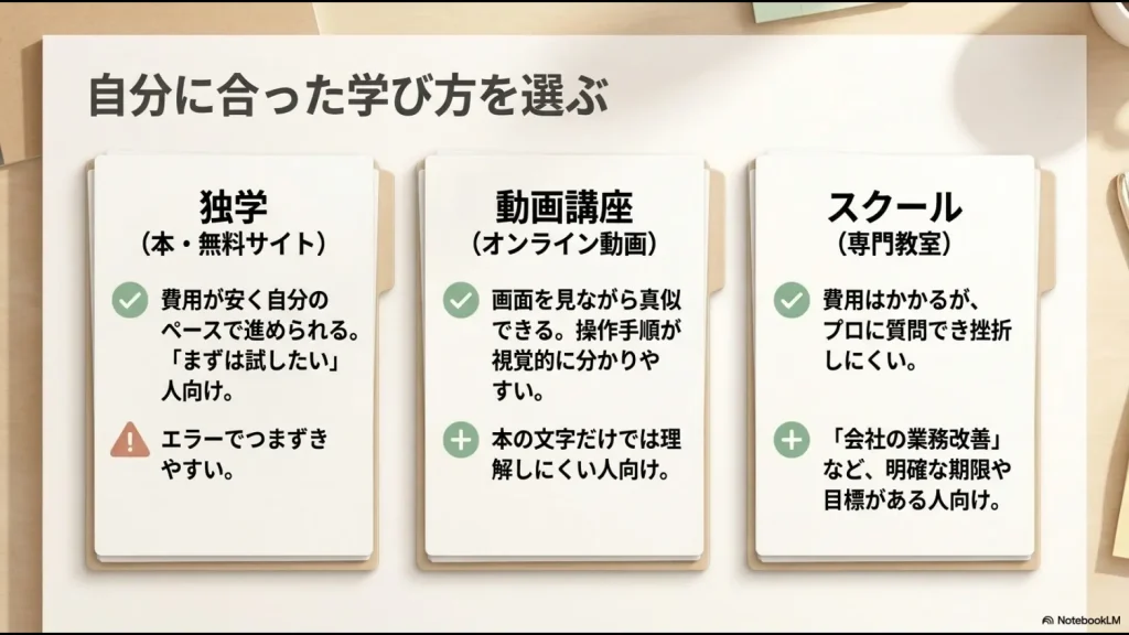 Pythonの学び方として、独学、動画講座、スクールの特徴と向いている人を比較した図
