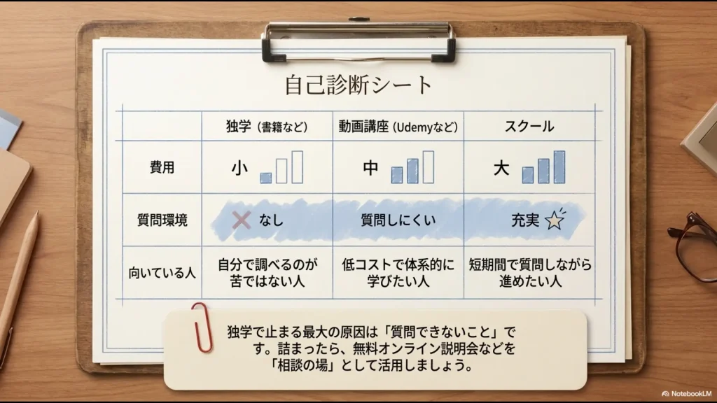 Python学習における独学、動画講座、スクールの費用、質問環境、向いている人を比較したスライド