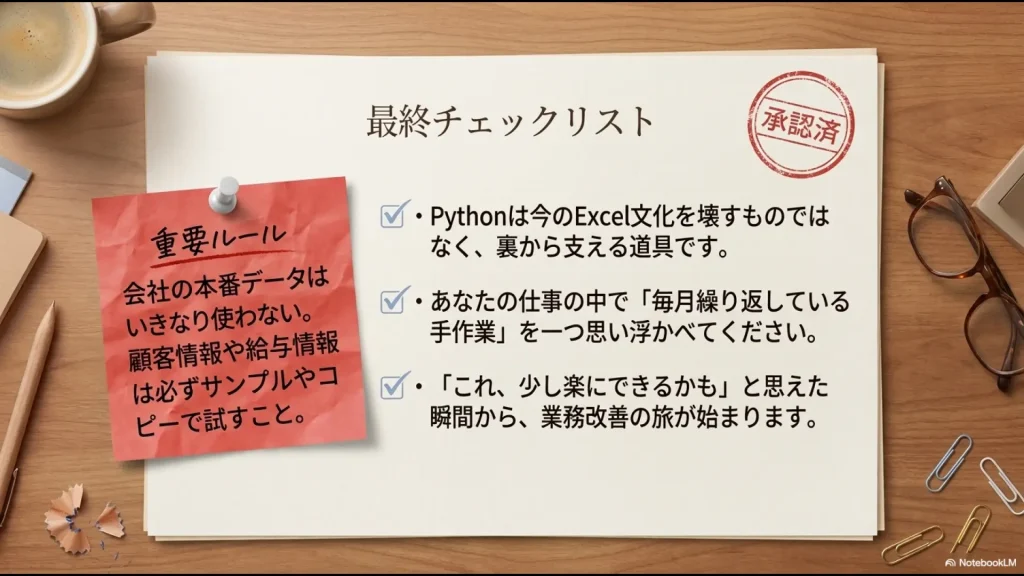 PythonはExcelを壊すものではなく支える道具であり、本番データを使わずサンプルで試す重要性を示した最終チェックリスト