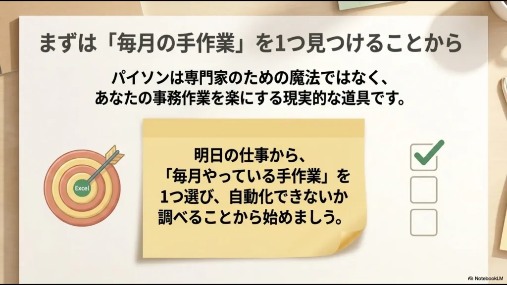 Python学習の第一歩として、毎月やっている手作業を1つ選び、自動化できないか調べることを促す図