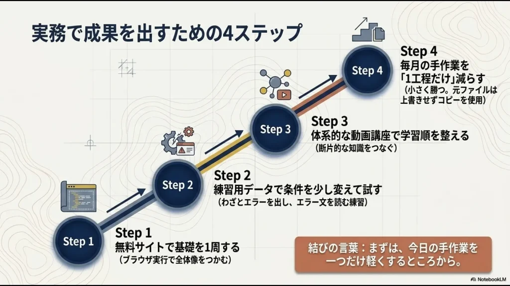 無料サイトで基礎を学び、練習データで試し、動画講座で整理し、手作業を1工程減らす流れを示した図