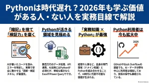 Pythonは時代遅れなのかを2026年の実務目線で考える記事の概要
