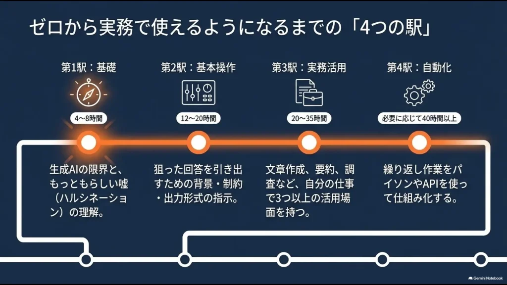 生成AI初心者が基礎・基本操作・実務活用・自動化の4段階で学ぶロードマップ
