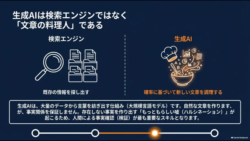 検索エンジンは情報を探し生成AIは文章を生成するという違いを示した図