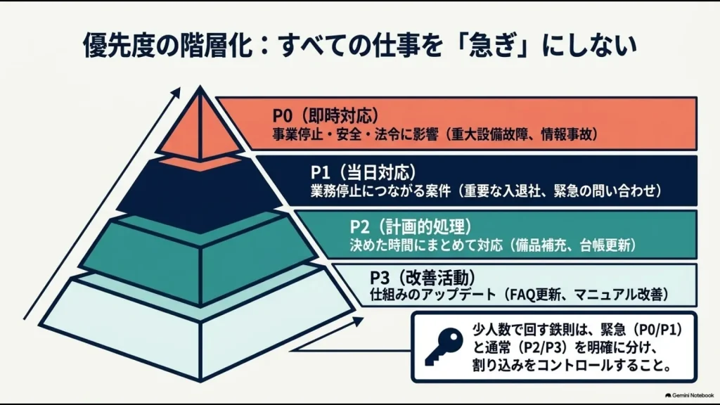 総務業務をP0即時対応からP3改善活動まで4段階に分けた優先度の図
