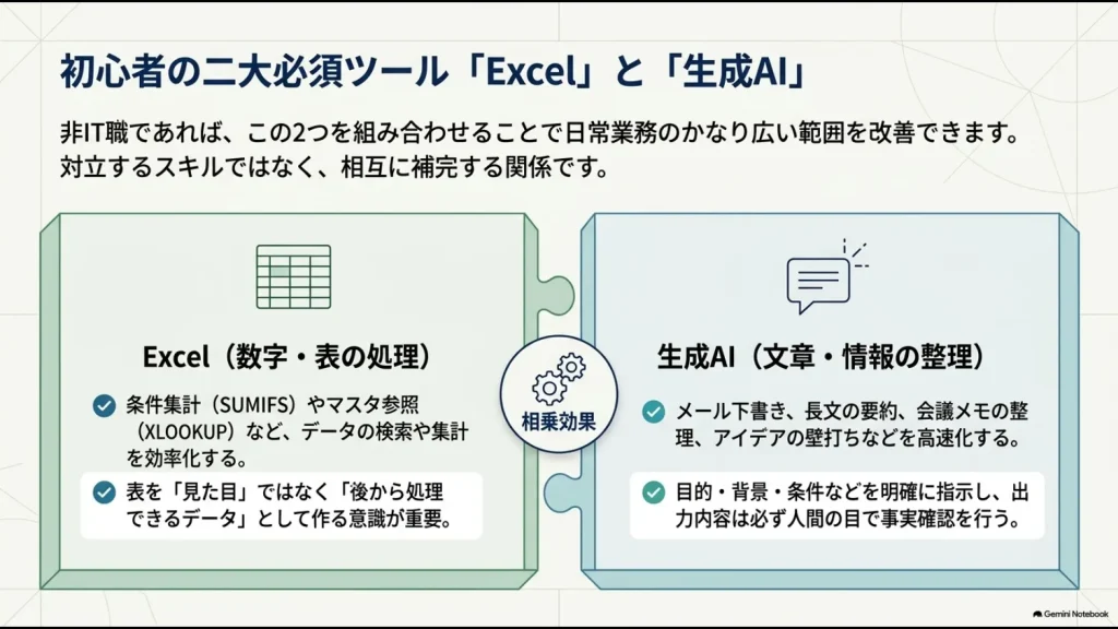 Excelで数字や表を処理し生成AIで文章や情報を整理する初心者向け業務効率化の組み合わせ