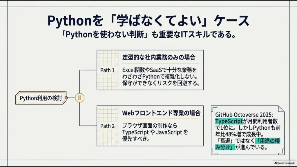 ExcelやSaaSで十分な業務やWebフロントエンドなどPythonを優先しなくてよいケース