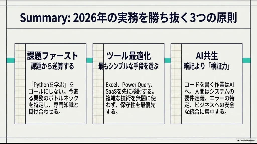 課題から逆算する・最適なツールを選ぶ・AIと共生するPython活用の3原則