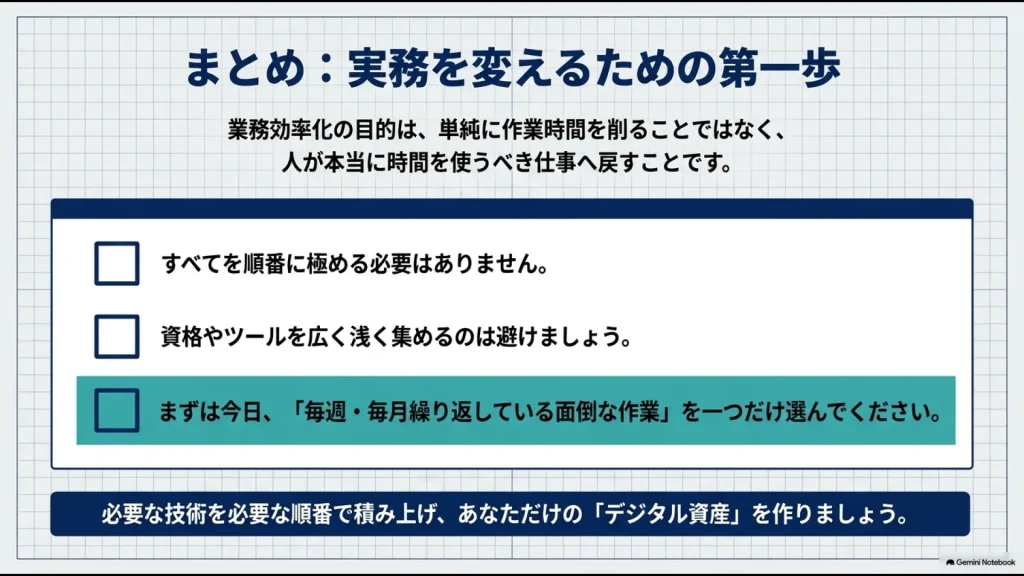 資格やツールを広く集めず毎週毎月繰り返す面倒な作業を一つ選ぶ業務効率化の第一歩